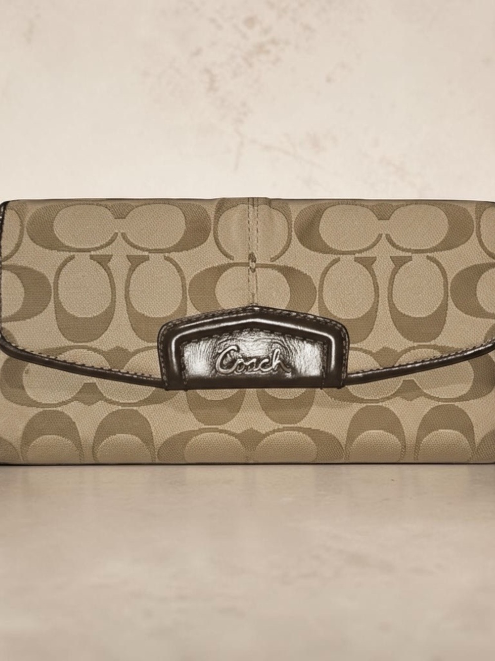 Coach Khaki Signature Canvas Wallet with Dark Brown Trim